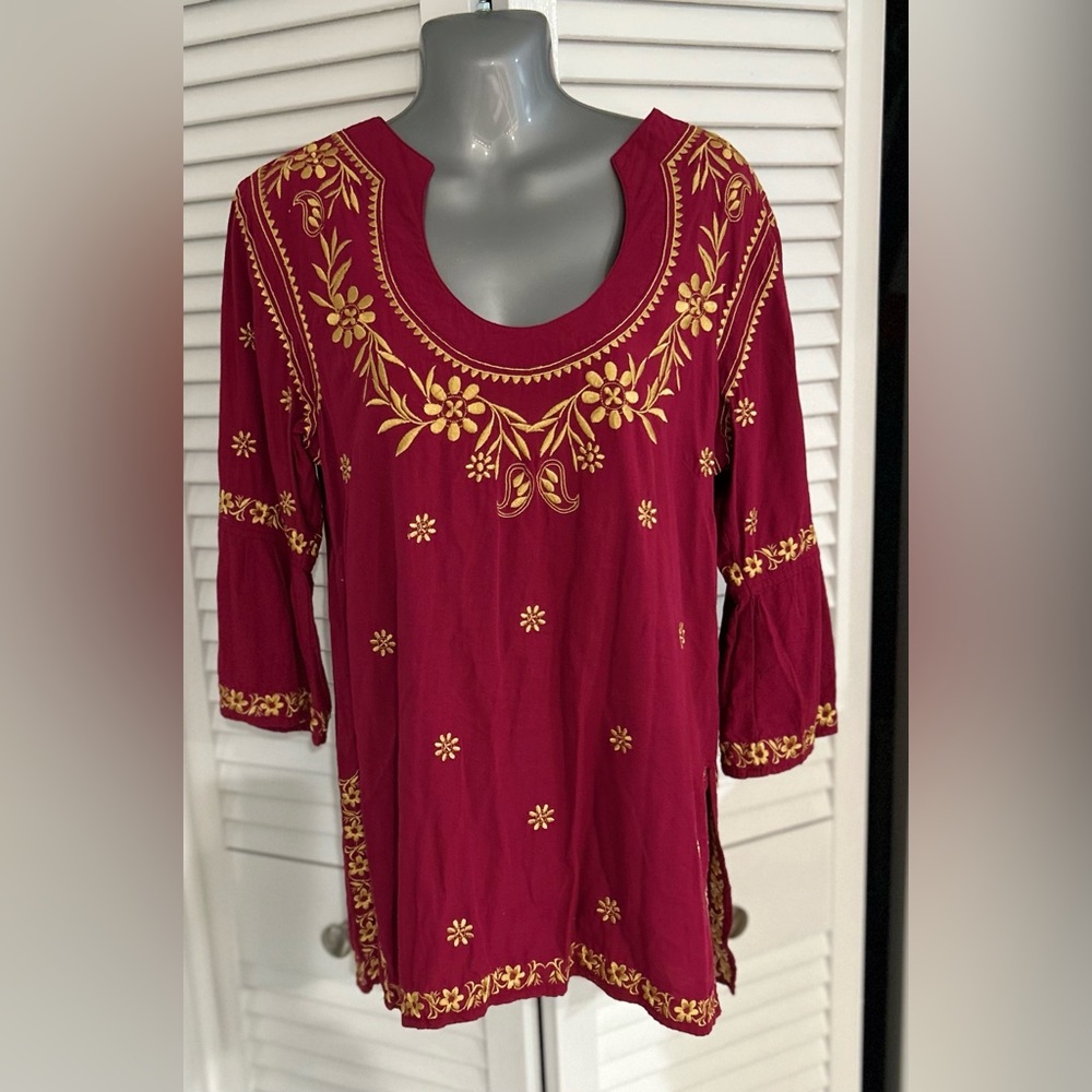 Escapada wine and gold embroidered tunic style top